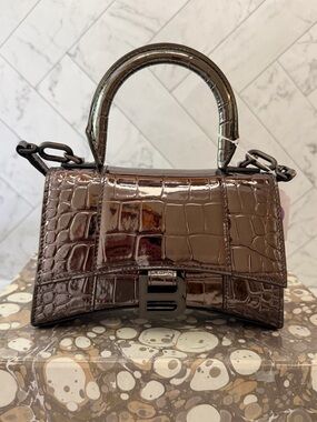 NWT Balenciaga Croc-Embossed Hourglass Mini Top Handle Bag.